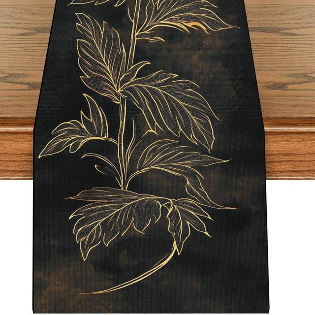 JINGYUE Pet Tischläufer Vintage mit Blumendruck in Schwarz, Gold und Braun, B/H: 40 x 140 cm - Bild 1