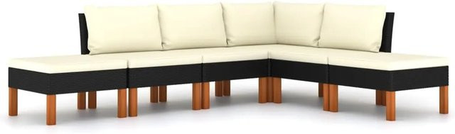 vidaXL 6-tlg Garten-Lounge-Set aus Poly-Rattan und Eukalyptusholz in Schwarz mit Kissen und Hocker in L-Form - Bild 1
