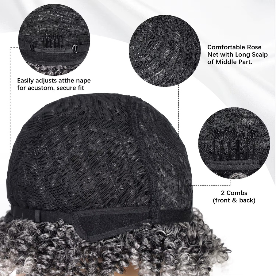 MEIZIXIU Perücke, kurze lockige synthetische Haarteil, Damen, Schokoladenbraun, Schwarz - Bild 1