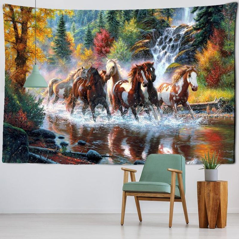 Wandteppich Super Six mit Pferdemotiv im Galopp, Bohemian Design in chinesischer Tuschemalerei, mehrfarbig, B/H: 230 x 150 cm - Bild 1