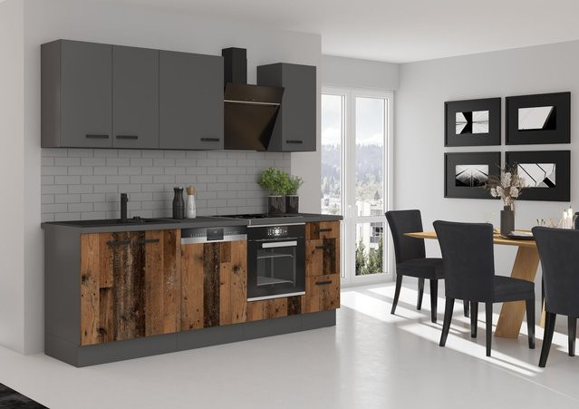 Küchenzeile OLD STYLE + NESSA Basic in Old Wood Optik, Farbe Anthrazit und Braun, Breite: 240 cm - Bild 1