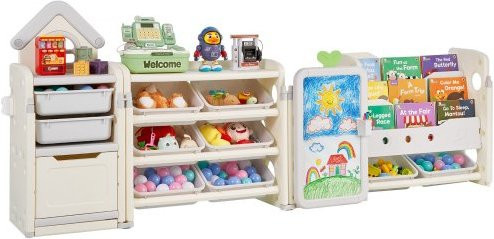 VEVOR Spielzeugaufbewahrung und Bücherregal aus HDPE mit 4 Ebenen, 10 flexiblen Kunststoffbehältern und Zeichenbrett, Grau und Beige, B/T/H: 91,5 x 37,5 x 37,5 cm - Bild 1