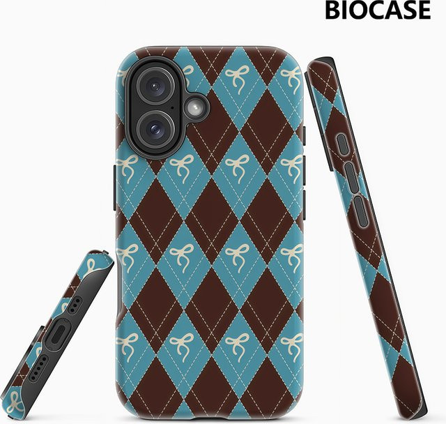 Rhomb Bow Handyhülle für Apple iPhone 17 16 15 14 13 12 Pro Max Plus in Braun und Blau mit doppelschichtiger Rückseite - Bild 1