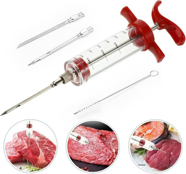 Edelstahl Fleischinjektor Set in Rot für BBQ, Grill und Braten inklusive Nadeln - Bild 1