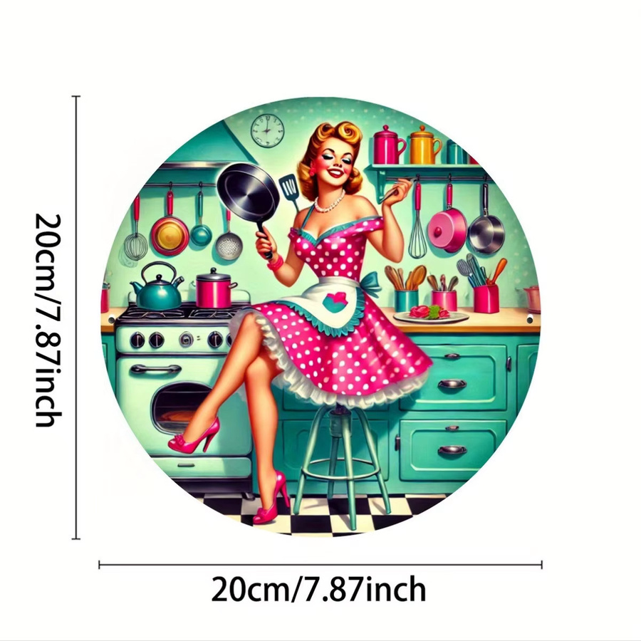 Potdemiel Vintage Küchenszene Metallschild rund, Wandkunst im Retro-Stil, Mehrfarbig, Durchmesser: 19,81 cm - Bild 5