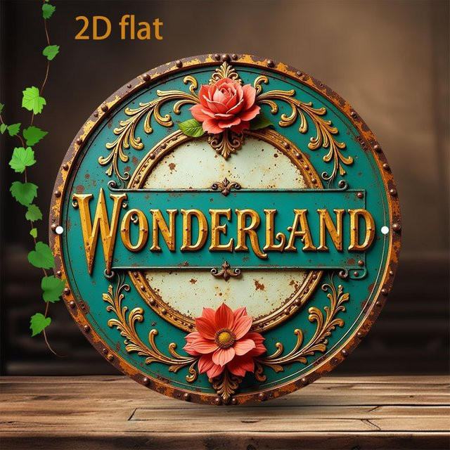 Potdemiel Welcome to Wonderland Vintage-Metallwandkunst, rundes Aluminiumschild mit goldenem Schriftzug und Blumenmotiv in Blaugrün, Durchmesser: 20 cm - Bild 1