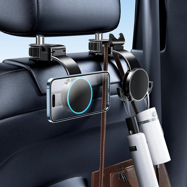 Eary 2-in-1 Auto-Kopfstützenhaken mit magnetischem Handyhalter in Schwarz, universell für Autositze, Handtaschen, Rucksäcke und Spielzeug - Bild 1