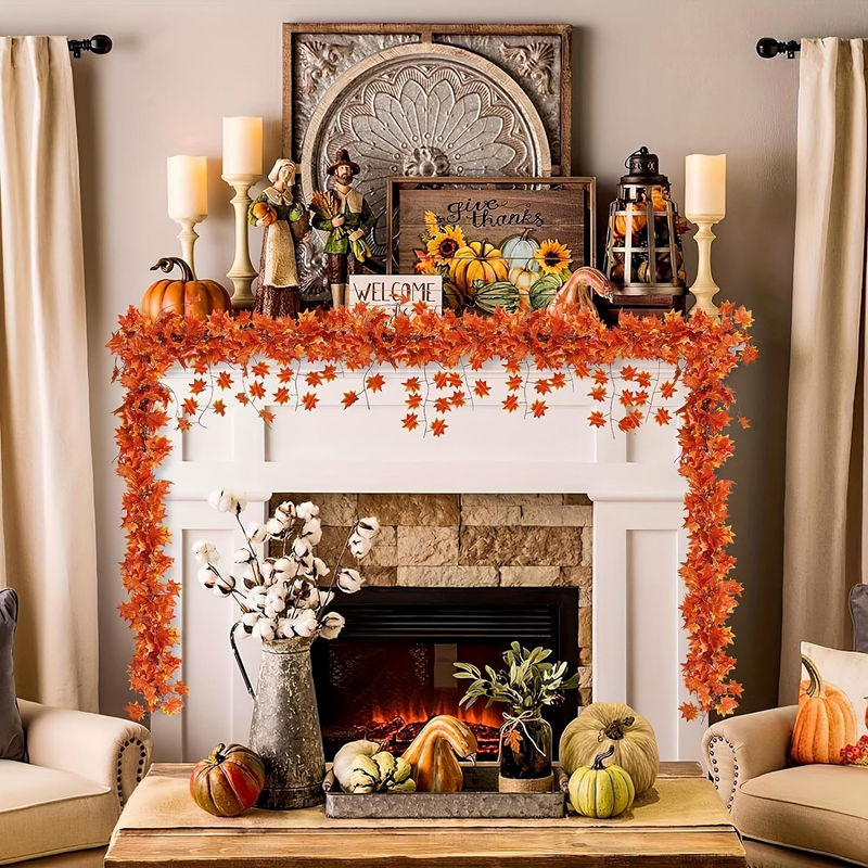Hängender Herbstlaubkranz von ouyaohong mit künstlichen Ahornblättern aus Polyester für Erntedankfest, Halloween und Weihnachten - Bild 4