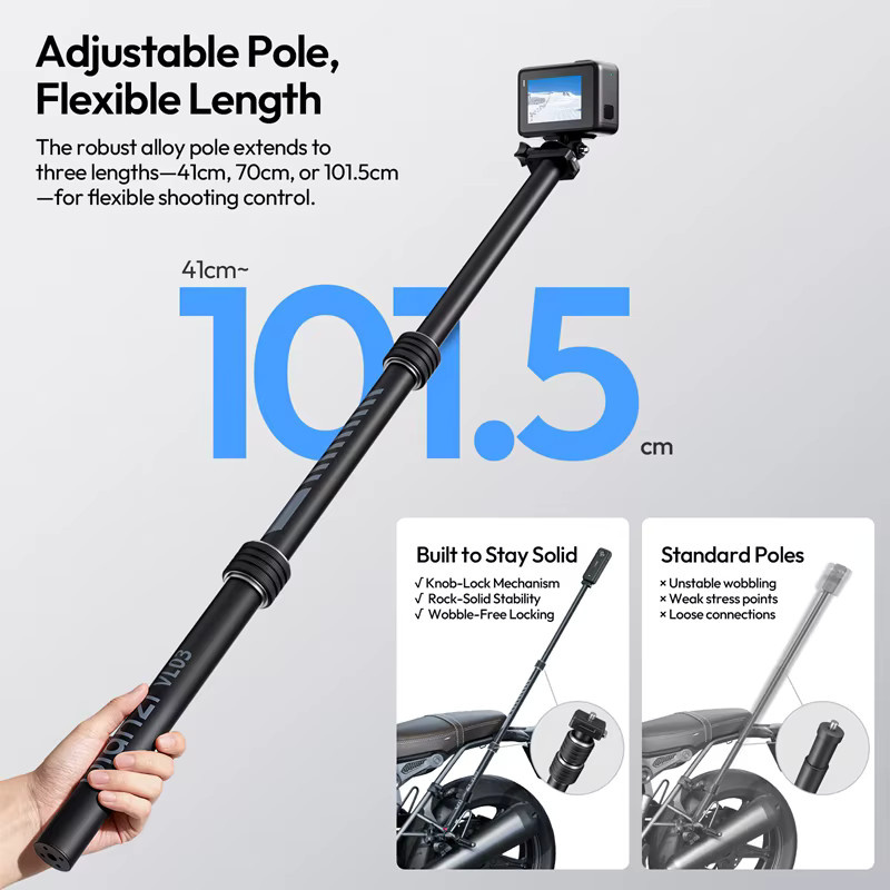 Ulanzi VL03 Motorrad Invision Selfie Stick Halter mit Dual Super Clamp in Schwarz für DJI Pocket 3, Insta 360 und GoPro Action Kameras - Bild 4