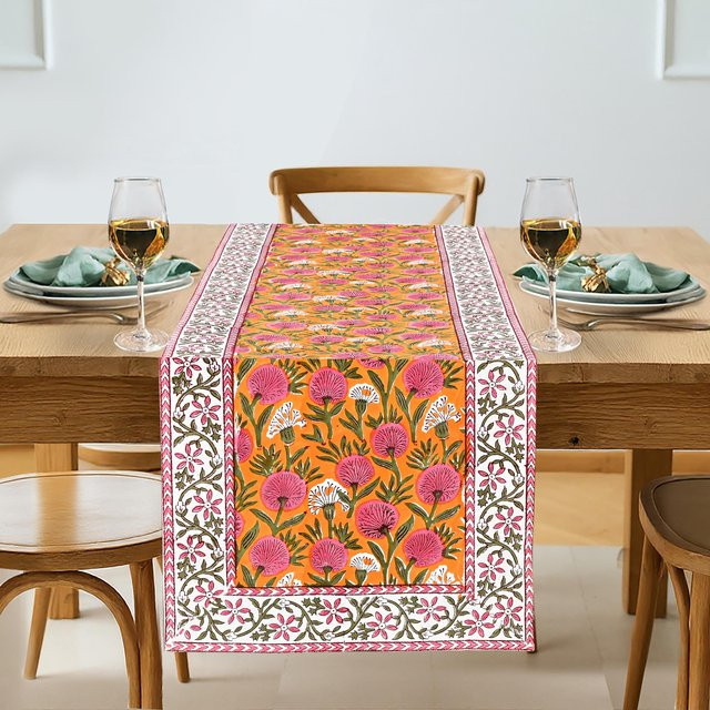 JIT Boho Indian Handblock Tischläufer aus Baumwolle in Mandarine-Orange - Bild 1