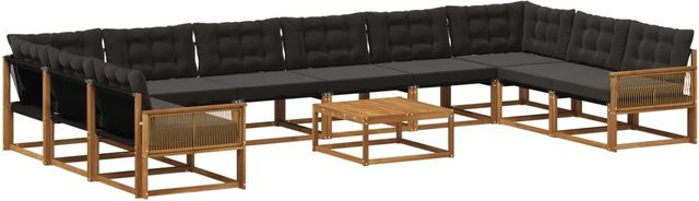 vidaXL Outdoor-Sofagarnitur aus Akazienholz mit 11-teiligem Set, Textilene-Stoff und Kissen in Natur und Schwarz - Bild 1
