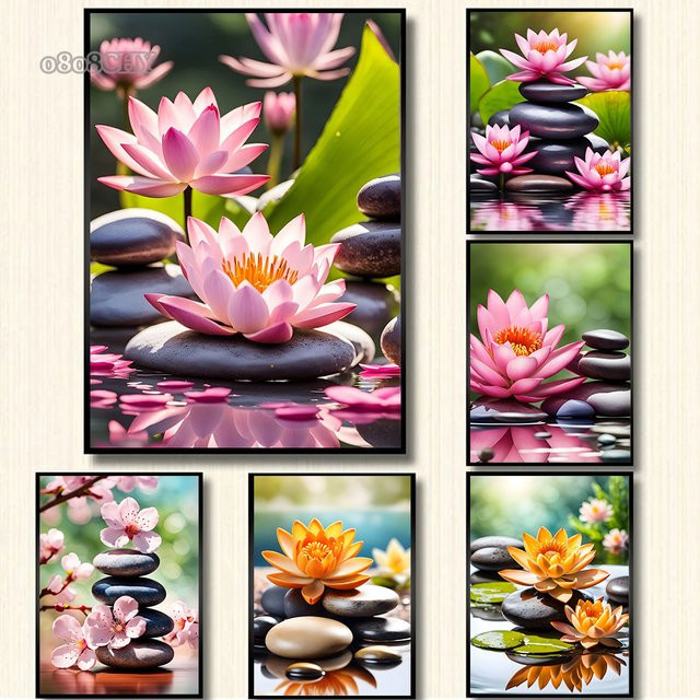 Potdemiel Spa Zen Leinwanddruck Poster mit Kirschblüten und Lotus in Pink - Bild 1