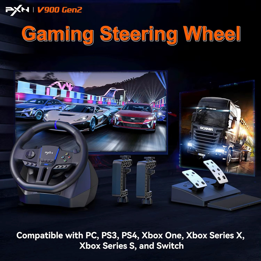 PXN V900 Gen2 Racing Wheel mit Hall-Pedalen und Vibration in Schwarz für PC, Xbox, PS4, PS3 und Nintendo Switch - Bild 2