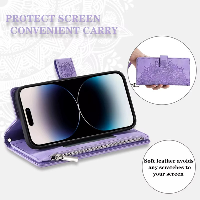 Leder Zipper Wallet Case für Motorola Moto G54 G34 G04 E13 G53 G13 G23 G72 G62 G73 G50 G30 G71 G31 G41 G Power in Grün und Lila - Bild 5