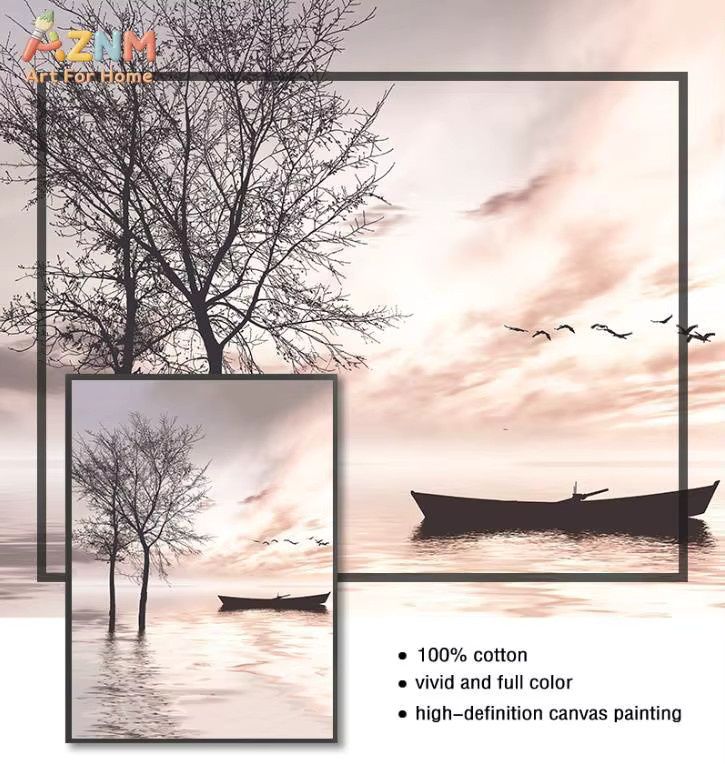 AZNM Leinwand-Wandkunst Küstenlandschaft mit Sonnenuntergang am See, Holzsteg und Naturmotiv, ungerahmtes Poster, Mehrfarbig - Bild 3