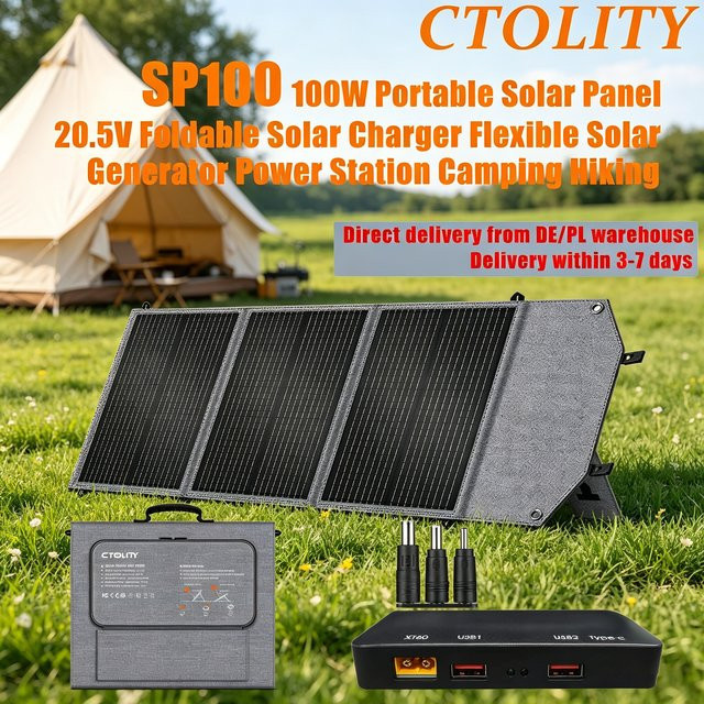 CTOLITY Faltbares Solarpanel 100 W, 5,0 A, 20,5 V, 22 % Effizienz, Tragbares Solarladegerät in Schwarz - Bild 1