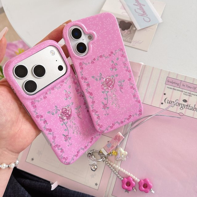 Glänzende Handyhülle mit Rosen-Blumen-Design und Anhänger in Rosa für iPhone 17, 16 und 15 Pro Max, stoßfeste Schutzhülle - Bild 1