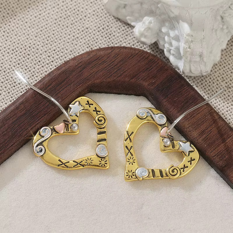 YoYo Ohrhänger, Gold, Herz-Stern-Muster, Damen, Vintage - Bild 2