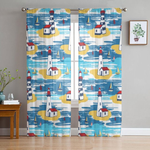 Binchi Outdoor Equipment Transparenter Tüll-Fenstervorhang mit bunter Leuchtturm-Landschaft, B: 135 cm, H: 114 cm - Bild 1