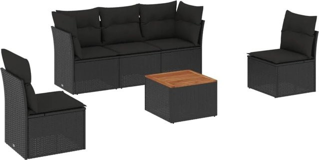 vidaXL 6-tlg Garten-Sofagarnitur aus Poly-Rattan und Akazienholz in Schwarz mit Kissen Modell 76 - Bild 1