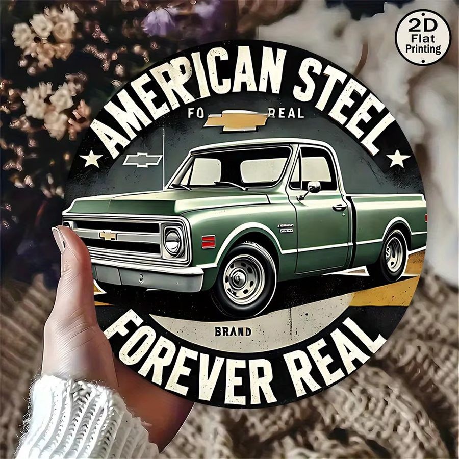 Vintage American Steel Metall-Wandkunst rund in Grün mit LKW-Motiv und Forever Real Slogan, Durchmesser: 20,32 cm - Bild 6