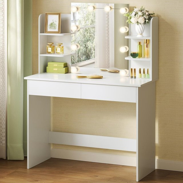 WOLTU Schminktisch mit LED-Spiegel in Weiß, Kommode mit 2 Schubladen und 4 Ablageflächen, B/T/H: 90 x 40 x 125 cm - Bild 1