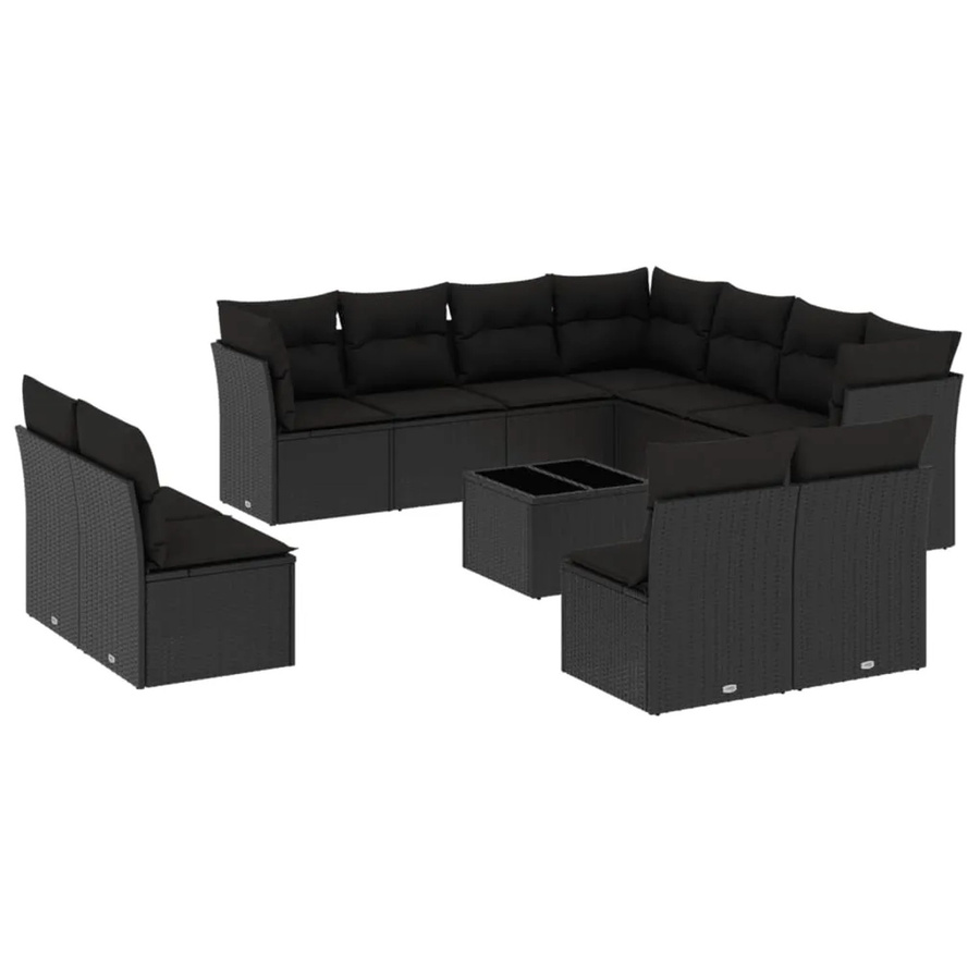 vidaXL 12-tlg Garten-Sofagarnitur in L-Form aus Polyrattan mit Tisch und Kissen, Schwarz - Bild 2