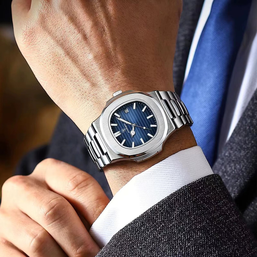 POEDAGAR Armbanduhr Edelstahl, Quarz, Eckig, Blau, Herren - Bild 5
