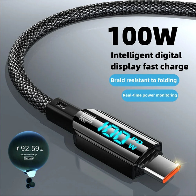 100W USB-C auf USB-C Ladekabel mit LED-Digitalanzeige und PD-Schnellladung, geflochtenes Datenkabel in Schwarz - Bild 1