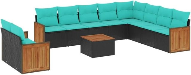 vidaXL 11-tlg. Gartensofa-Set aus Polyrattan in U-Form mit Kissen und Couchtisch, Schwarz - Bild 1