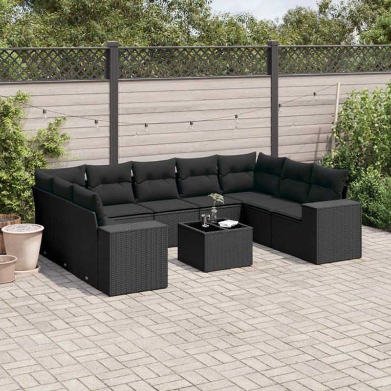 Vidaxl Garten-Sitzgruppe für 10 Personen aus schwarzem Rattan mit Kissen und Glastisch - Bild 1