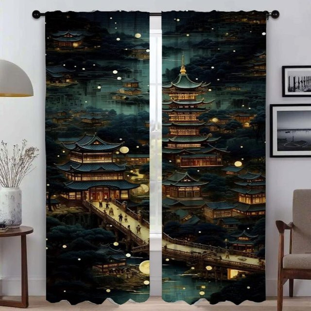 Verdunklungsvorhänge im japanischen Stil für Kinderzimmer und Schlafzimmer, 2er-Set, Mehrfarbig, Breite: 50 cm, Höhe: 70 cm - Bild 1