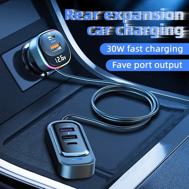 30 W Dual Port Autoladegerät mit 1,5 m Verlängerungskabel für iPhone, Samsung und Xiaomi in Schwarz - Bild 1
