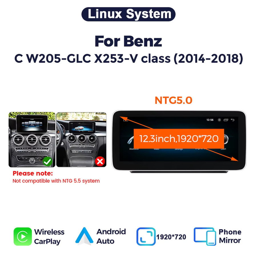 MEKEDE Kabelloses CarPlay Linux-Display für Mercedes Benz W205 GLC A C V Klasse W447 CLA GLA 2015-2019 NTG5.0 mit Android Auto Multimedia-Radio-Player in Schwarz - Bild 7