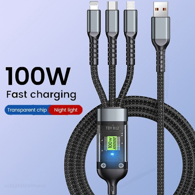 KADIXI 3-in-1 Schnellladekabel 100W Transparent USB-C und Micro-USB in Schwarz - Bild 1