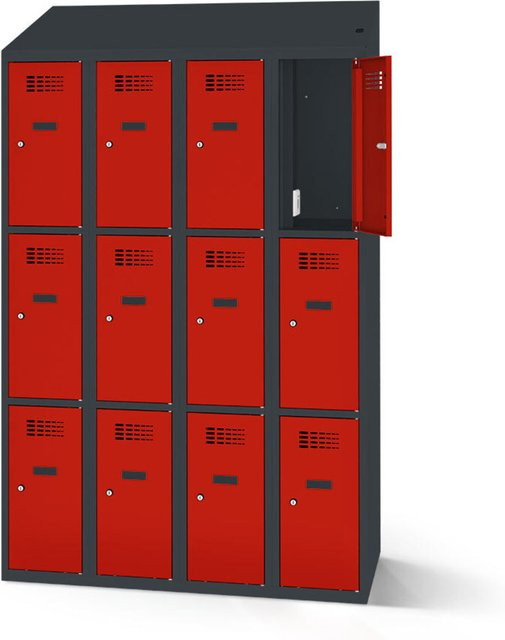 rotstahl Fächerschrank mit Ladefunktion in Rot und Anthrazitgrau, 12 Fächer (4x3), Breite: 120 cm, Höhe: 200 cm - Bild 1