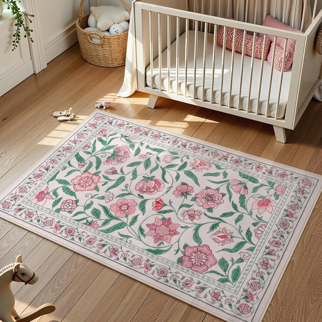 Bunter Teppich von Lodestar mit Blumenmuster und Blumengrenze, rutschfest und waschbar, B/B: 80 x 50 cm - Bild 1