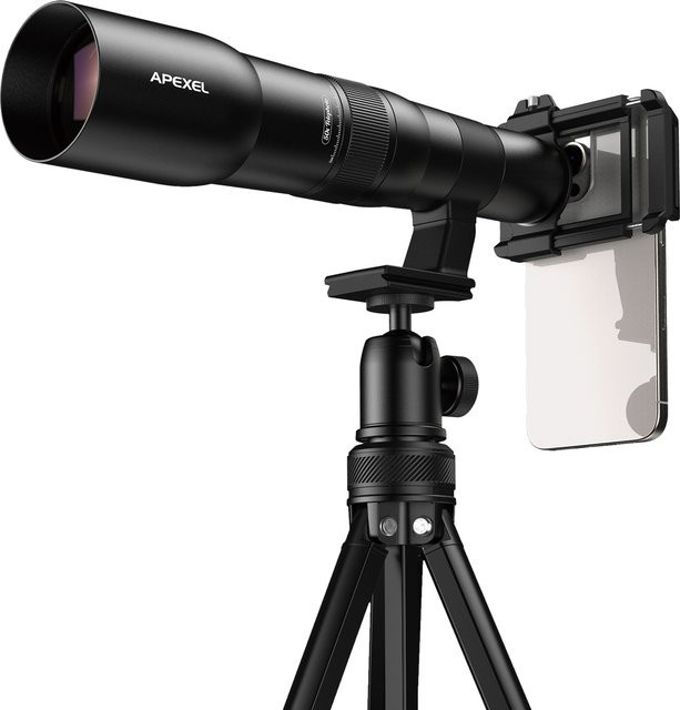 APEXEL Professionelles 50-faches Universal-Teleobjektiv aus Metall mit Stativ für Smartphones in Schwarz - Bild 1