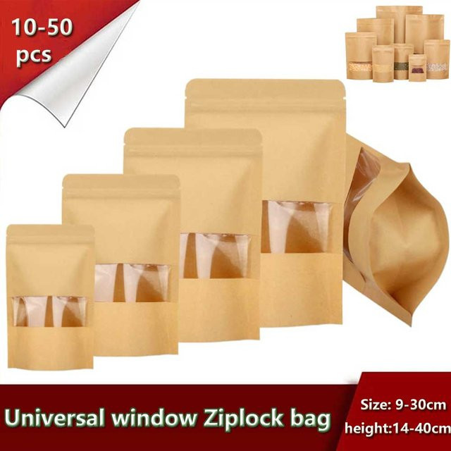 Kraftpapier-Fensterbeutel in Braun mit Reißverschluss zur Selbstabdichtung für Kekse, Nüsse und Snacks - Bild 1