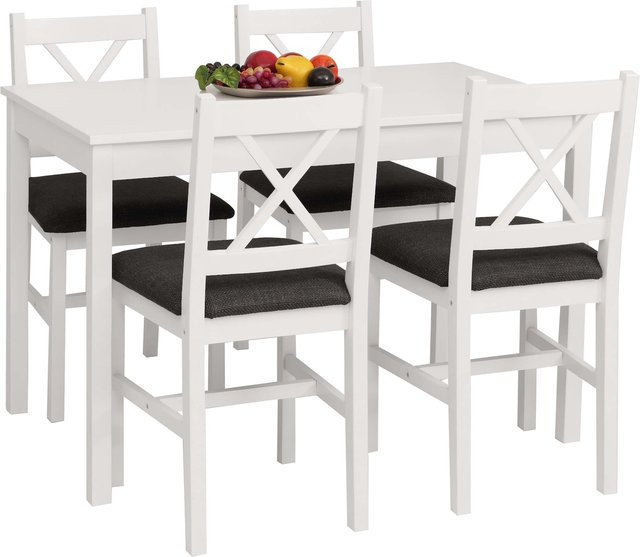 Esszimmer-Set MCW-F77 aus Massiv-Holz Kiefer im Landhausstil mit Tisch und Stühlen, Farbe Weiß und Schwarz, Breite: 110 cm - Bild 1