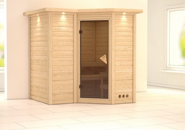 Karibu Massivholzsauna SAHIB 1 aus Fichte und Espe in Braun mit Ganzglastür in Bronze und Dachkranz, B/T/H: 193 x 184 x 212 cm - Bild 1