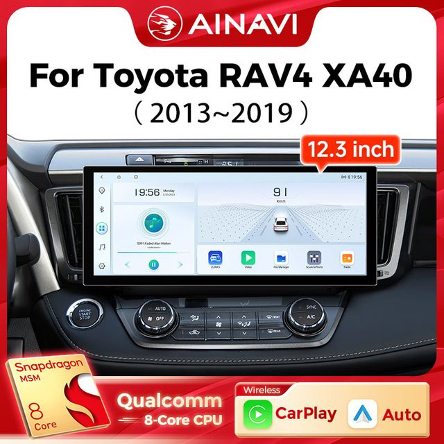 Ainavi Multimedia Autoradio mit 12,3 Zoll Display für Toyota RAV4 XA40, kabelloses Apple CarPlay und Android Auto, Schwarz - Bild 1