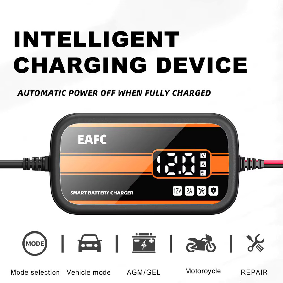 EAFC Intelligentes 12V Auto Batterie Ladegerät mit Digital Display zur Reparatur von Blei-Säure-Batterien für Auto, SUV und Motorrad, Schwarz - Bild 2