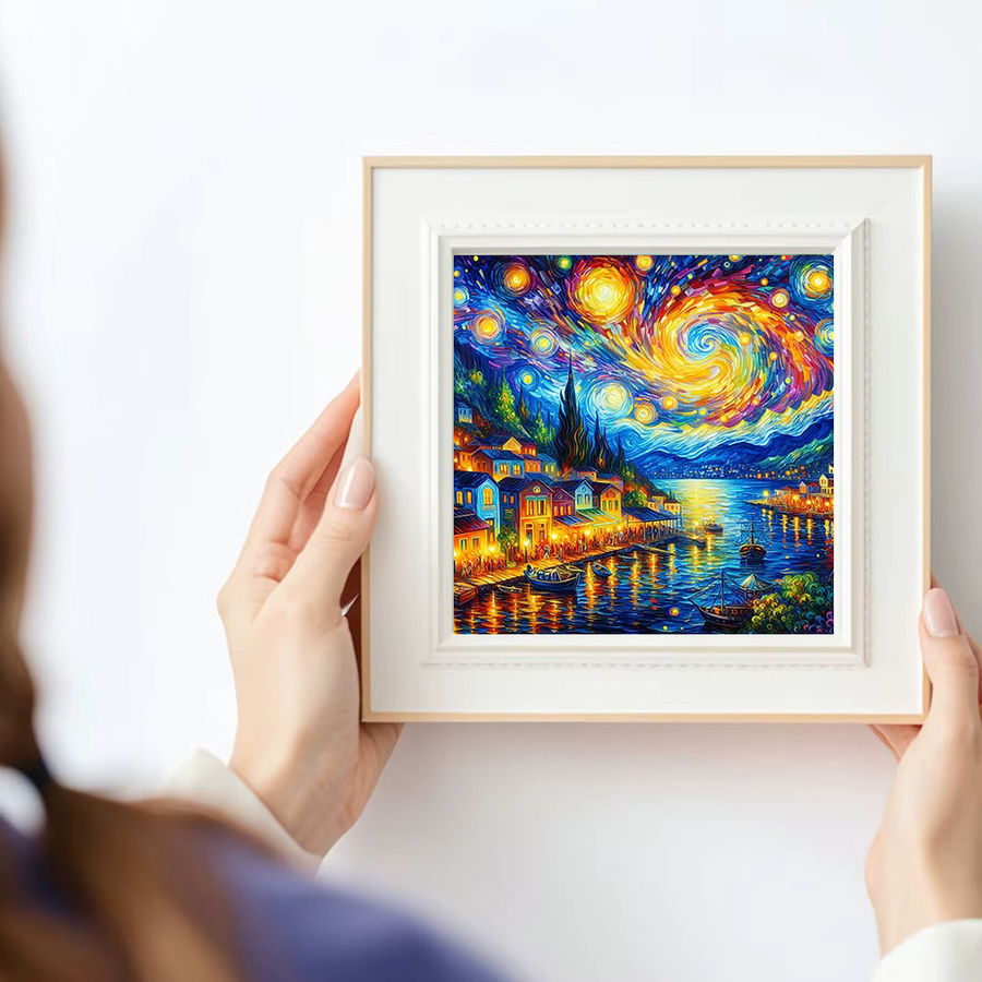 Huacan Diamantmalerei Set Landschaft mit Sternenhimmel Haus und Fluss, Rund, Mehrfarbig, B/H: 20 x 20 cm - Bild 3