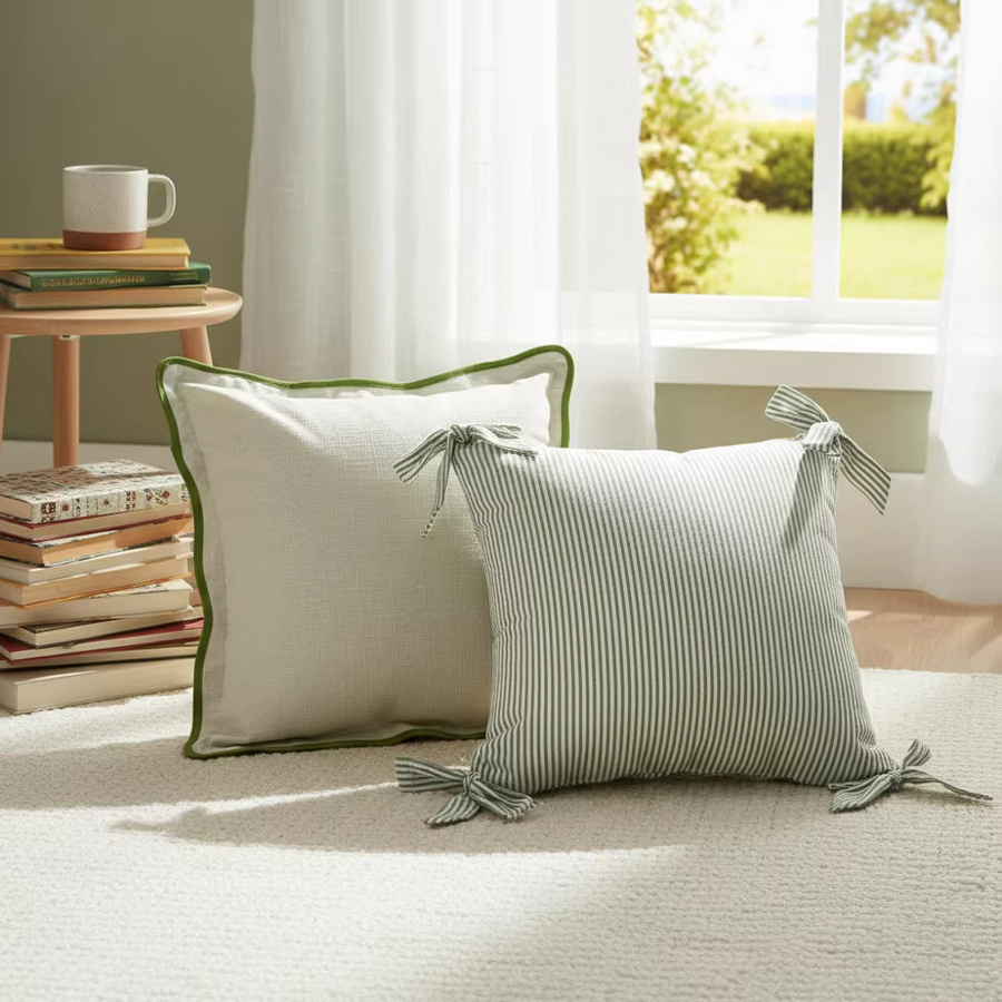 BUYNOW Kissenbezug quadratisch mit Streifen und Schleife, Grün, Breite: 45 cm, Höhe: 45 cm - Bild 2