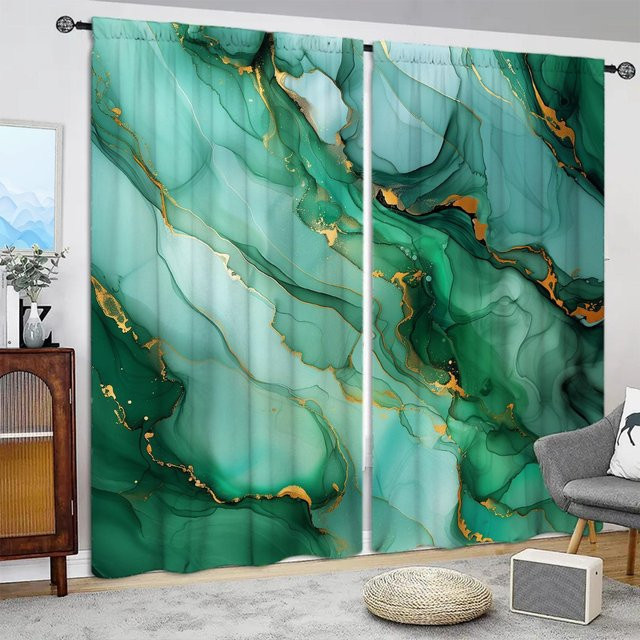 2er-Set Vorhang mit grünem Marmor-Aquarellmuster in Blau und Grün, halbtransparent, Breite: 52,5 cm, Höhe: 116 cm - Bild 1