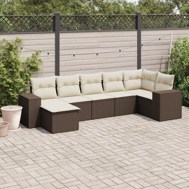 vidaXL 7-tlg. Garten-Sofagarnitur in L-Form aus Polyrattan mit Kissen in Braun - Bild 3