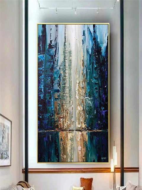 Abstraktes Ölgemälde von Potdemiel auf Leinwand, moderne strukturierte Wandkunst in Gelb, Weiß, Blau und Gold - Bild 1