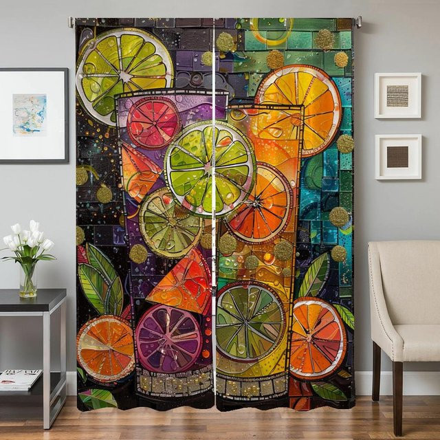 2er-Set Verdunkelungsvorhänge mit Frucht- und Blumenmuster, halbtransparent, Mehrfarbig, Breite: 50 cm, Höhe: 70 cm - Bild 1