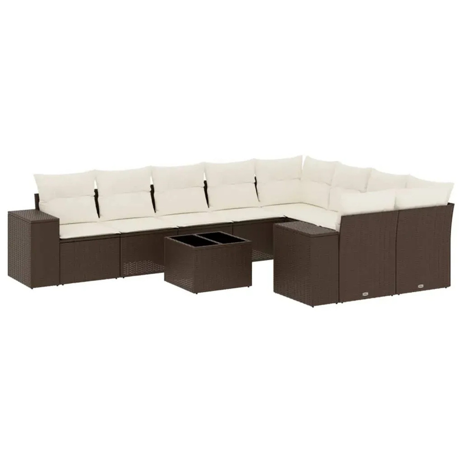 vidaXL 10-teilige Garten-Sofagarnitur in L-Form aus braunem Poly-Rattan mit cremeweißen Kissen und Metallrahmen - Bild 2